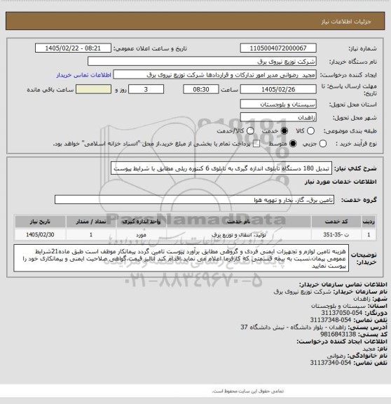 استعلام تبدیل 180 دستگاه تابلوی اندازه گیری به تابلوی 6 کنتوره ریلی مطابق با شرایط پیوست