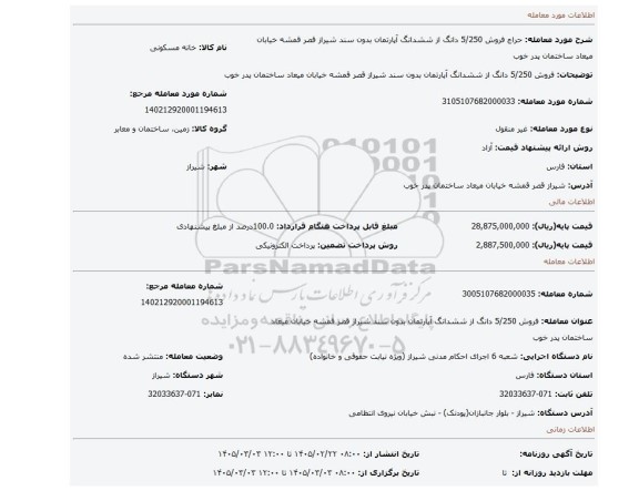 مزایده، فروش 5/250 دانگ از ششدانگ  آپارتمان بدون سند شیراز قصر قمشه خیابان میعاد ساختمان پدر خوب