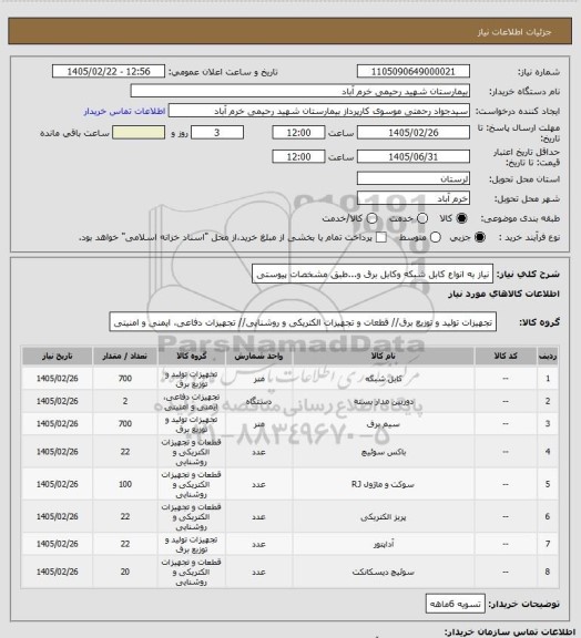 استعلام نیاز به انواع کابل شبکه وکابل برق و...طبق مشخصات  پیوستی