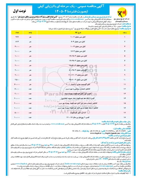 مناقصه تامین انواع کابل و یراق آلات شبکه توزیع برق ...