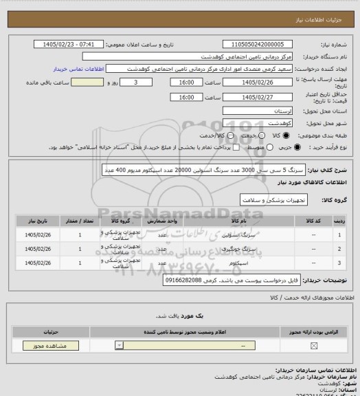استعلام سرنگ 5 سی سی 3000 عدد
سرنگ انسولین 20000 عدد
اسپکلوم مدیوم 400 عدد