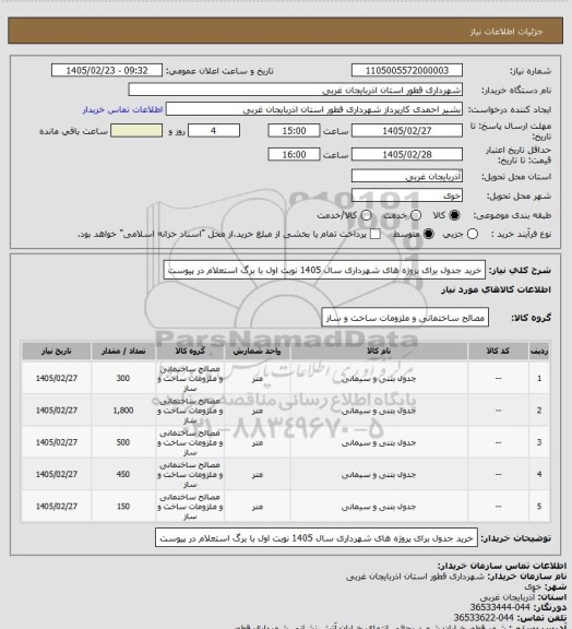 استعلام خرید جدول برای پروژه های شهرداری سال 1405 نوبت اول با برگ استعلام در پیوست