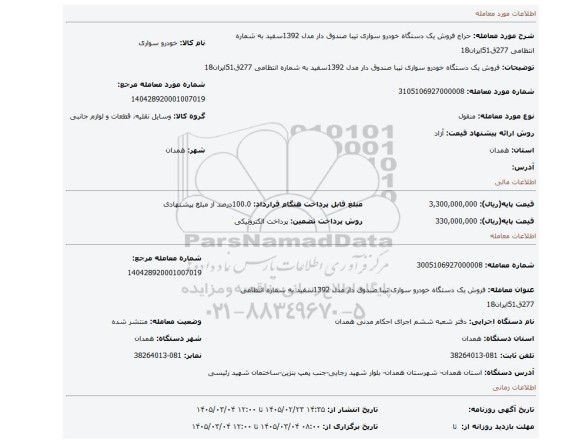 مزایده، فروش یک دستگاه خودرو سواری تیبا صندوق دار مدل 1392سفید به شماره انتظامی 277ق51ایران18