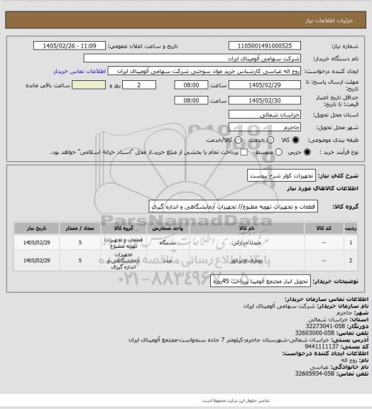 استعلام تجهیزات کولر شرح پیوست
