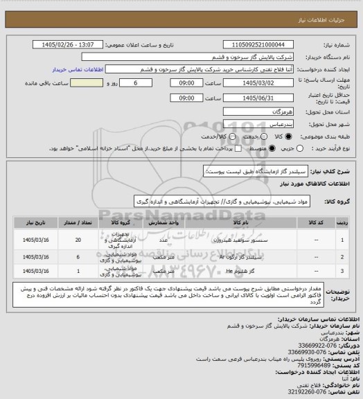 استعلام سیلندر گاز ازمایشگاه طبق لیست پیوست:
