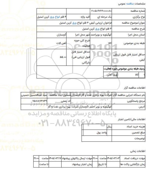مناقصه، فراخوان ارزیابی کیفی 4 قلم انواع ورق کربن استیل