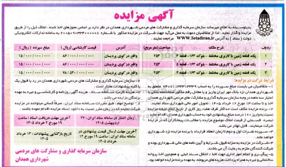 مزایده واگذاری املاک شامل سه قطعه زمین با کاربری مختلط