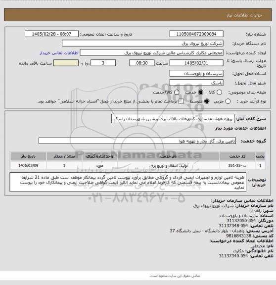 استعلام پروژه هوشنمدسازی کنتورهای بالای تیری پیشین شهرستان راسک