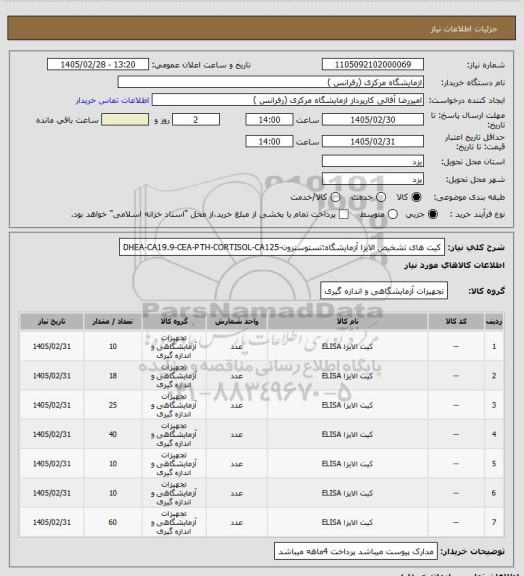 استعلام کیت های تشخیص الایزا آزمایشگاه:تستوسترون-DHEA-CA19.9-CEA-PTH-CORTISOL-CA125