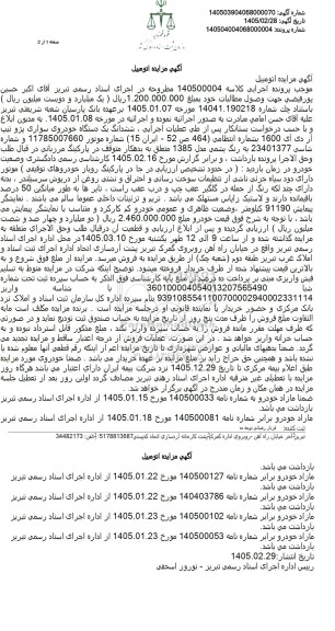 مزایده ششدانگ یک دستگاه خودروی سواری پژو تیپ ار دی آی 1600 