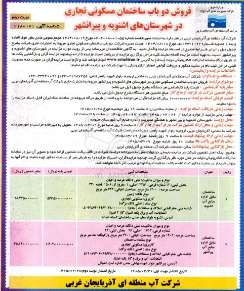  مزایده فروش دو باب ساختمان مسکونی تجاری - نوبت دوم