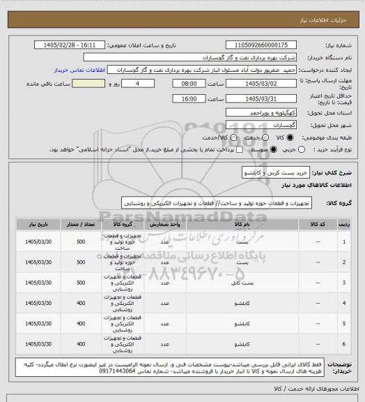 استعلام خرید بست کربی و کابلشو