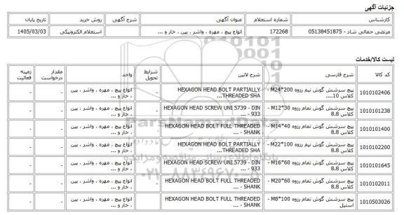 استعلام الکترونیکی، انواع پیچ ، مهره ، واشر ، پین ، خار و ...