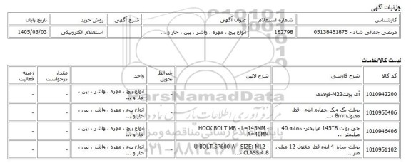 استعلام الکترونیکی، انواع پیچ ، مهره ، واشر ، پین ، خار و ...