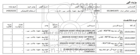 استعلام الکترونیکی، انواع پیچ ، مهره ، واشر ، پین ، خار و ...