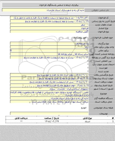 مناقصه, تامین ۱۱دستگاه خودرو  سواری جهت پشتیبانی از فعالیت ها و ماموریت  های کارکنان راه و شهرسازی مازندران