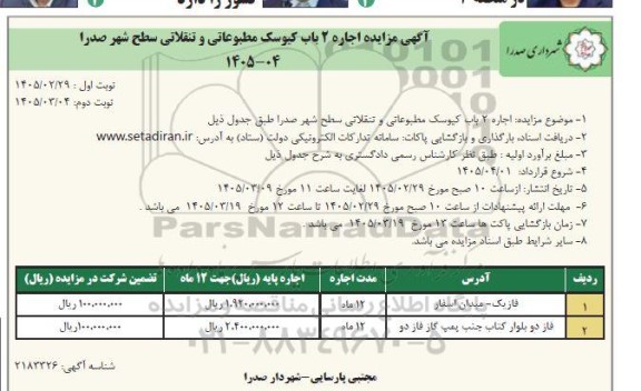 مزایده اجاره 2 باب کیوسک مطبوعاتی و تنقلاتی سطح شهر 