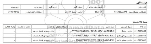 استعلام الکترونیکی، ترانس خشک ZAFAR
