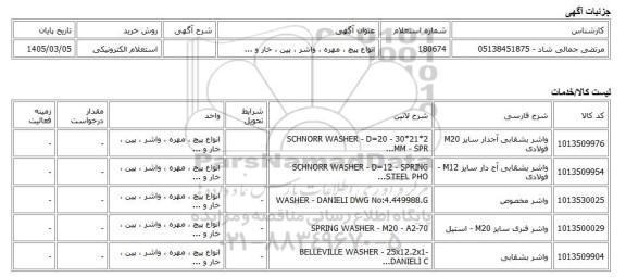 استعلام الکترونیکی، انواع پیچ ، مهره ، واشر ، پین ، خار و ...