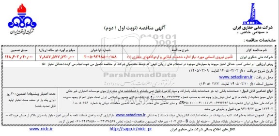 مناقصه تامین نیروی انسانی مورد نیاز اداره خدمات غذایی و اردوگاه های حفاری (1)