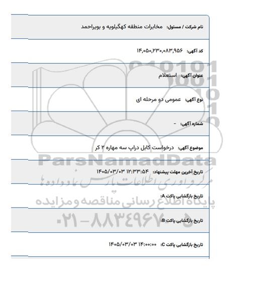 استعلام درخواست کابل دراپ سه مهاره 2 کر