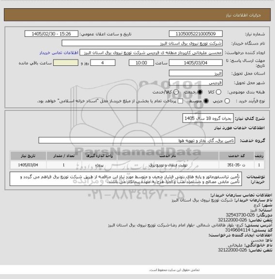 استعلام بحران گروه 18 سال 1405، سامانه تدارکات الکترونیکی دولت