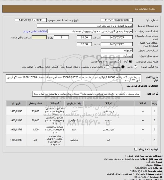 استعلام سیمان تیپ 2 سپاهان 70000 کیلوگرم
آجر سفال سعدی 20*10   25000 عدد
آجر سفال سعدی 20*15  1000 عدد
گچ آیینی آبی 20 کیسه