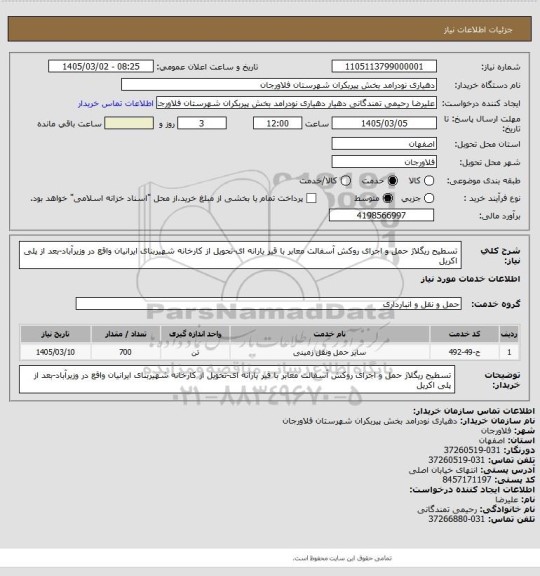 استعلام تسطیح ریگلاژ حمل و اجرای روکش آسفالت معابر با قیر یارانه ای-تحویل از کارخانه شهیربنای ایرانیان واقع در وزیرآباد-بعد از پلی اکریل