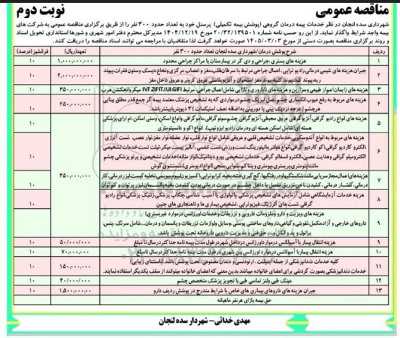مناقصه خدمات بیمه درمان گروهی (پوشش بیمه تکمیلی) پرسنل خود به تعداد حدود 300 نفر  نوبت دوم 