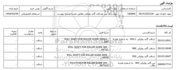 استعلام الکترونیکی، چهار ردیف پین وشافت گاید رولیکی مطابق نقشه ودیتیل پیوست