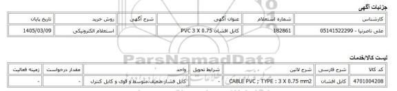 استعلام الکترونیکی، کابل افشان PVC 3 X 0.75