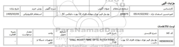 استعلام الکترونیکی، پچ پنل فیبر نوری دیواری فلزی 12 پورت داپلکس SC