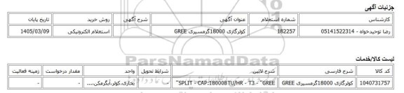 استعلام الکترونیکی، کولرگازی 18000گرمسیری GREE