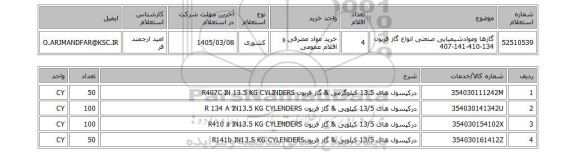 استعلام گازها وموادشیمیایی صنعتی انواع گاز فریون 134-410-141-407