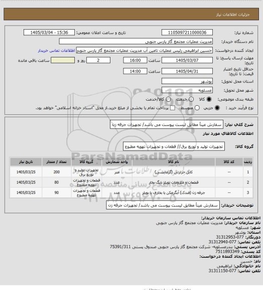استعلام سفارش عینأ مطابق لیست پیوست می باشد/ تجهیزات جرقه زن