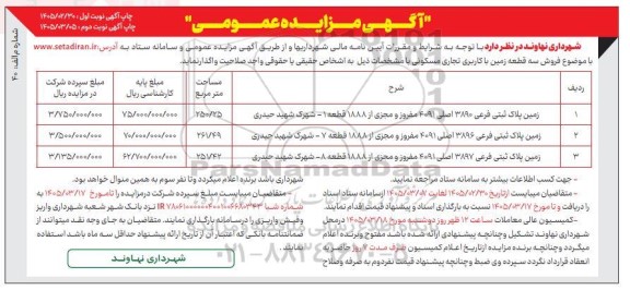 مزایده  فروش سه قطعه زمین با کاربری تجاری و مسکونی نوبت دوم