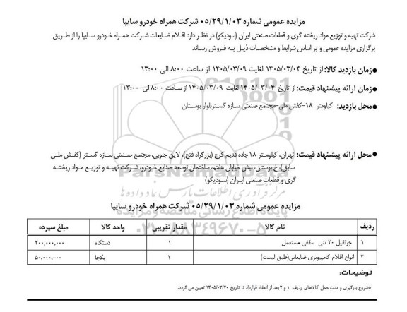 مزایده جرثقیل 20 تنی سقفی مستعمل...