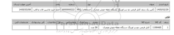 استعلام، تأمین یک ردیف کابل فرعی دو سر اورینگ دستگاه نقطه جوش متحرک