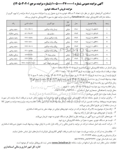 مزایده فروش تعداد 9 دستگاه خودرو