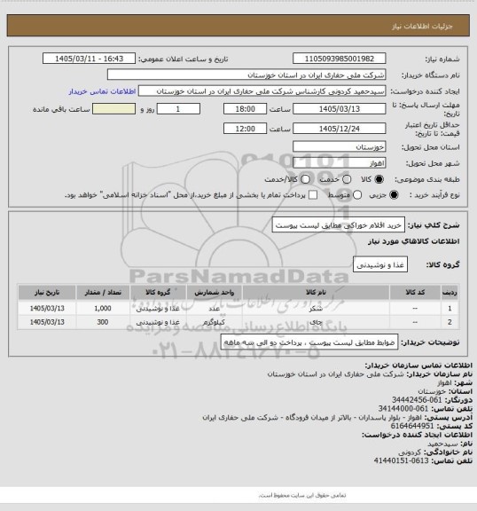 استعلام خرید اقلام خوراکی مطابق لیست پیوست