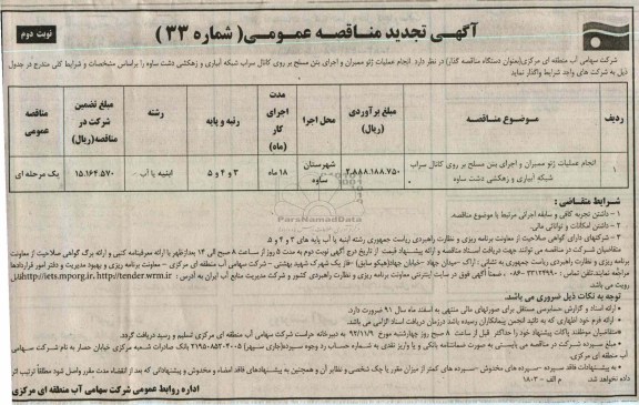 انجام عملیات ژئو ممبران و اجرای بتن مسلح بر روی کانال سراب شبکه آبیاری و زهکشی دشت ساوه 