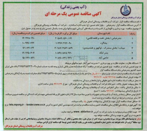 بهره برداری و نگهداری از تأسیسات و شبکه های آبرسانی شهرستانها 