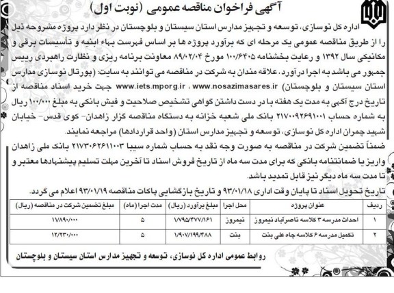 احداث مدرسه 3 کلاسه ناصر آباد نیمروز و ... 