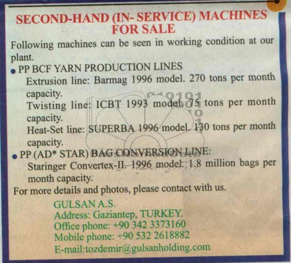 SECOND-HAND (IN-SERVICE) MACHINES FOR