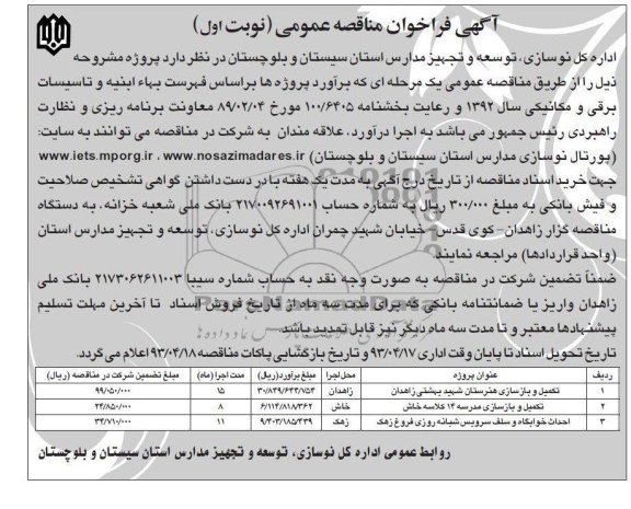 آگهی فراخوان مناقصه عمومی  , تکمیل و بازسازی هنرستان 