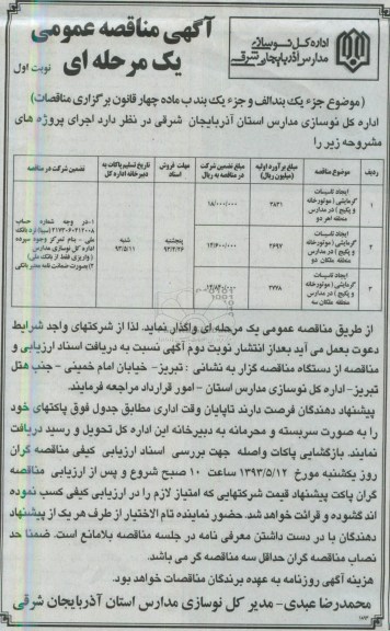 آگهی مناقصه عمومی یک مرحله ای, مناقصه ایجاد تاسیسات گرمایشی (موتورخانه و پکیج) در مدارس مناطق...