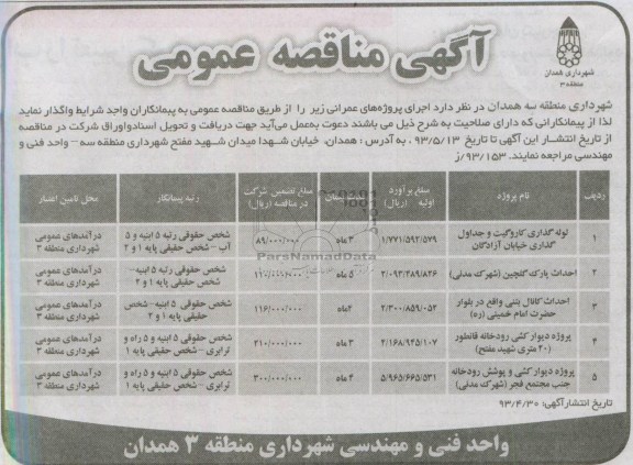 آگهی مناقصه عمومی, مناقصه لوله گذاری کاروگیت و جداول گذاری 