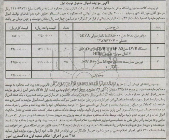 اگهی مزایده اموال منقول,فروش موتور برق یاماها و ...