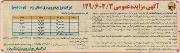 آگهی مزایده عمومی, مزایده  فروش  انواع سیم مسی 