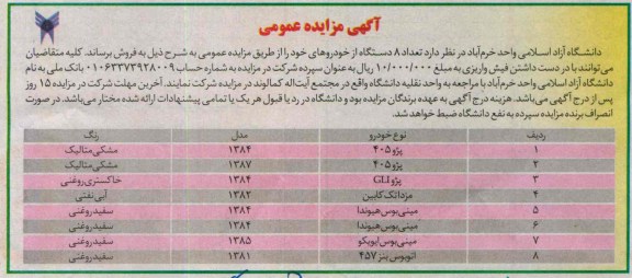 آگهی مزایده عمومی, مزایده  تعداد 8 دستگاه از خودروهای 